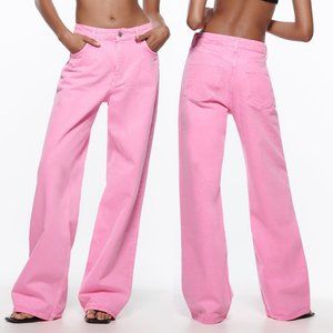 NEW Zara Mid Rise Super Wide Leg Loose Fit Full Length Jeans Bright Neon Pink 6